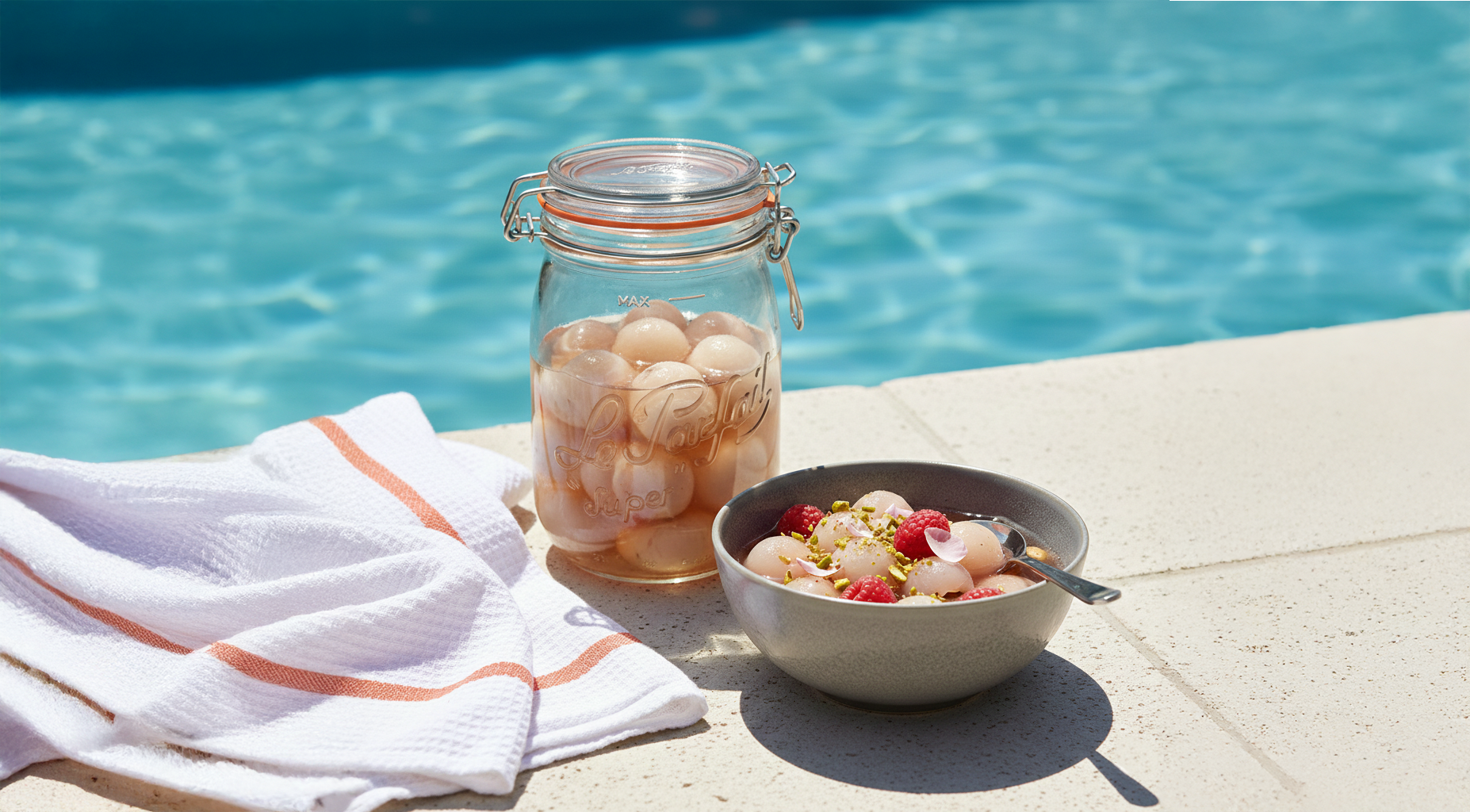 Bocal de litchis Le Parfait au bord d'une piscine