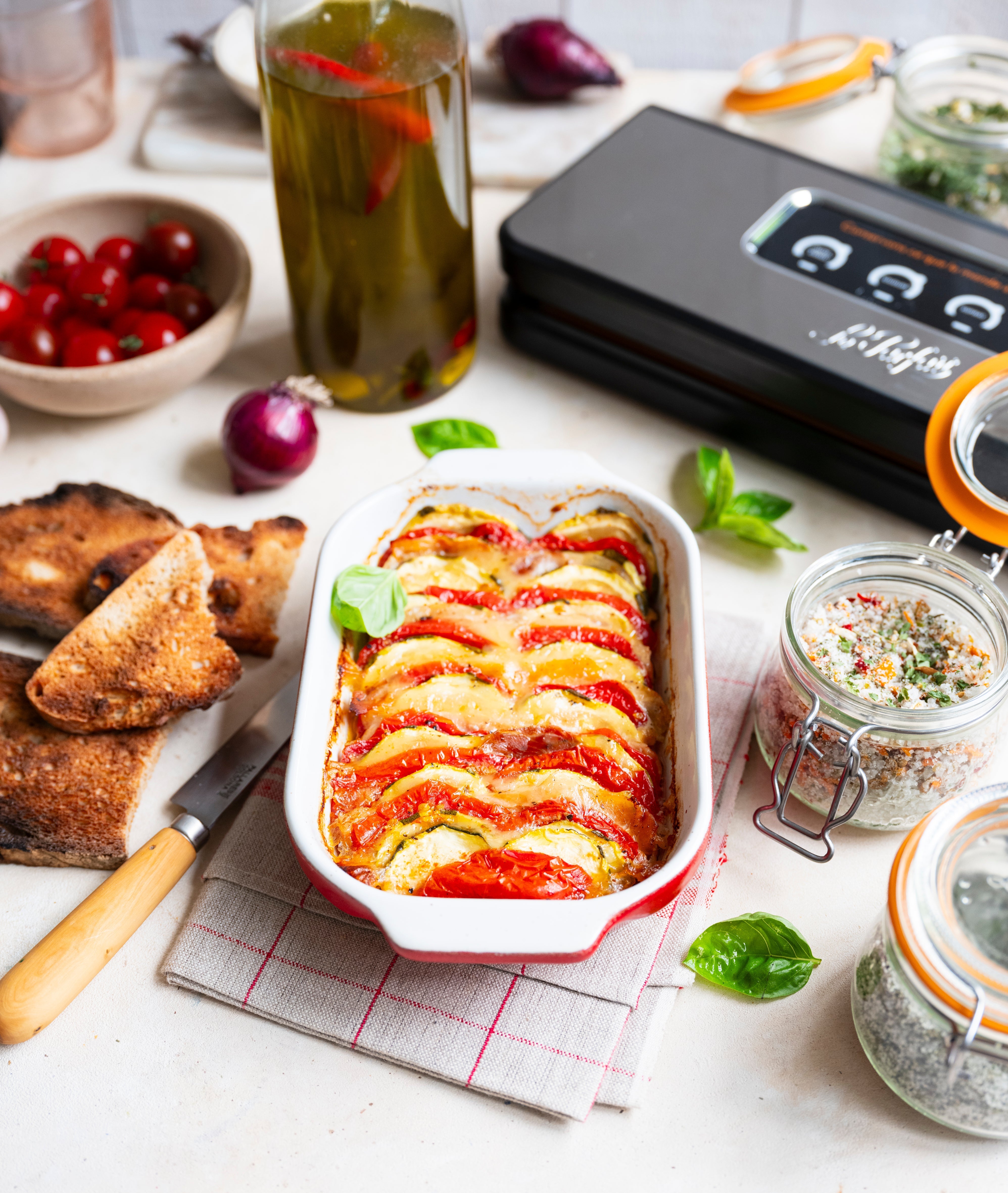 Tian de légumes au comté et au jambon cru sous-vide