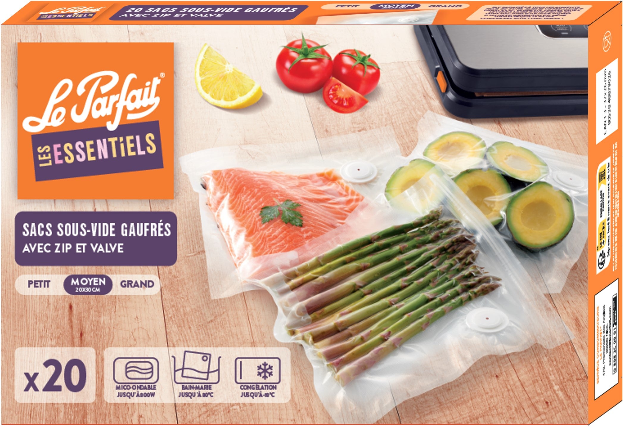 Set of 20 zipped bags with an under-to-see valve