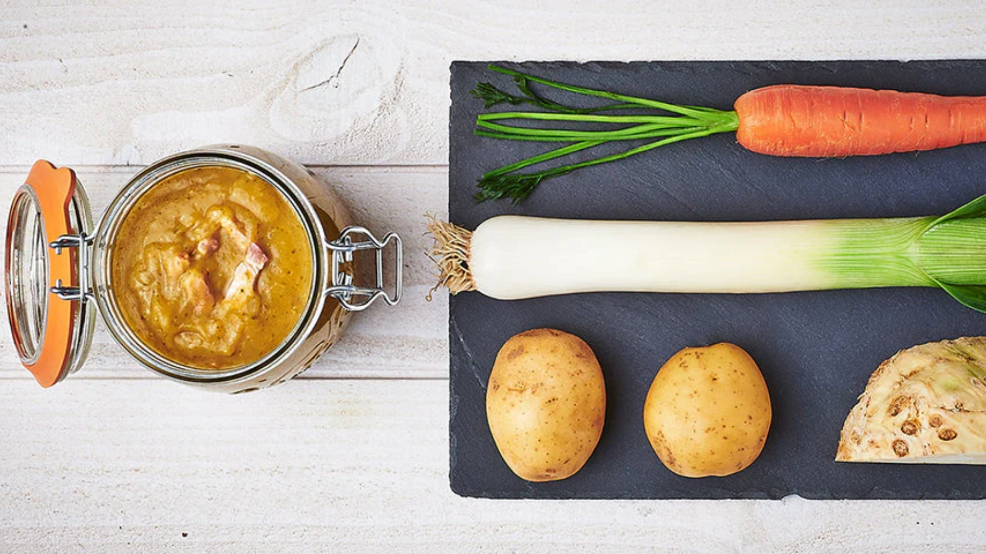 Soupe céleri, lardons, pommes de terre