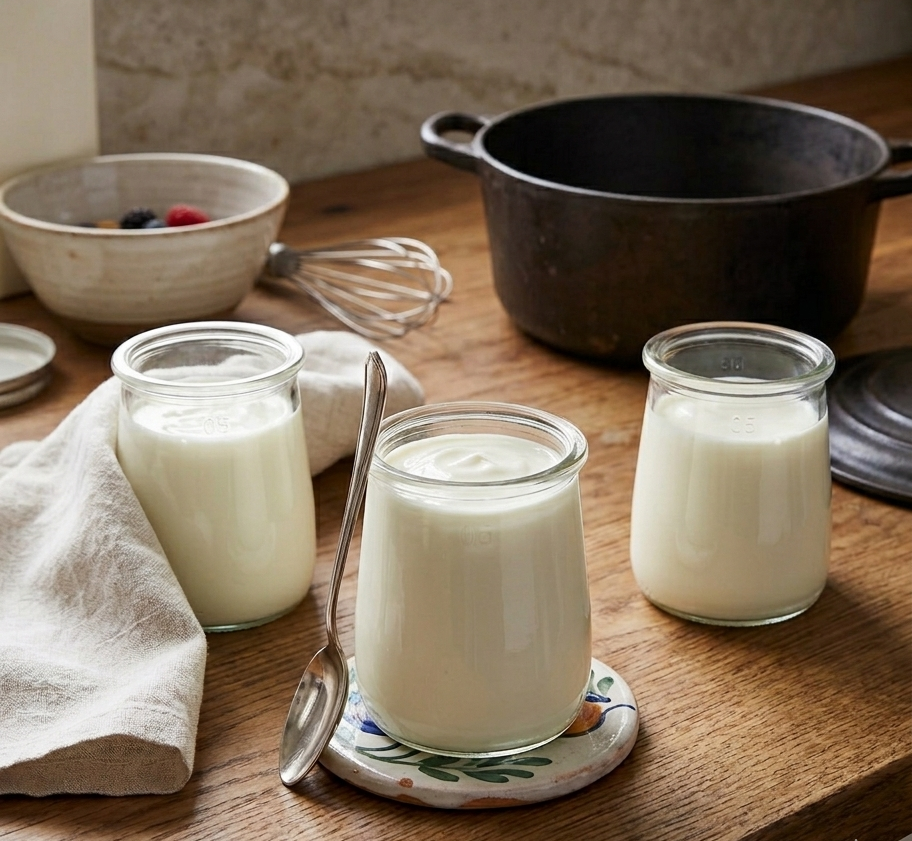 Yaourt nature disposés dans une cuisine