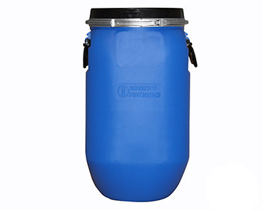 Blue macerating barrel with black lid
